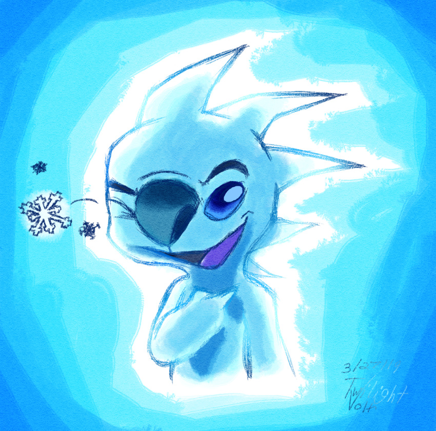 2019 alien blue_background blue_body blue_eyes blue_nose blue_theme disney experiment_(species) hi_res icy_body lilo_and_stitch looking_at_viewer one_eye_closed open_mouth open_smile purple_tongue signature simple_background slushy_(lilo_and_stitch) smile snowflake solo twilightvolt wink