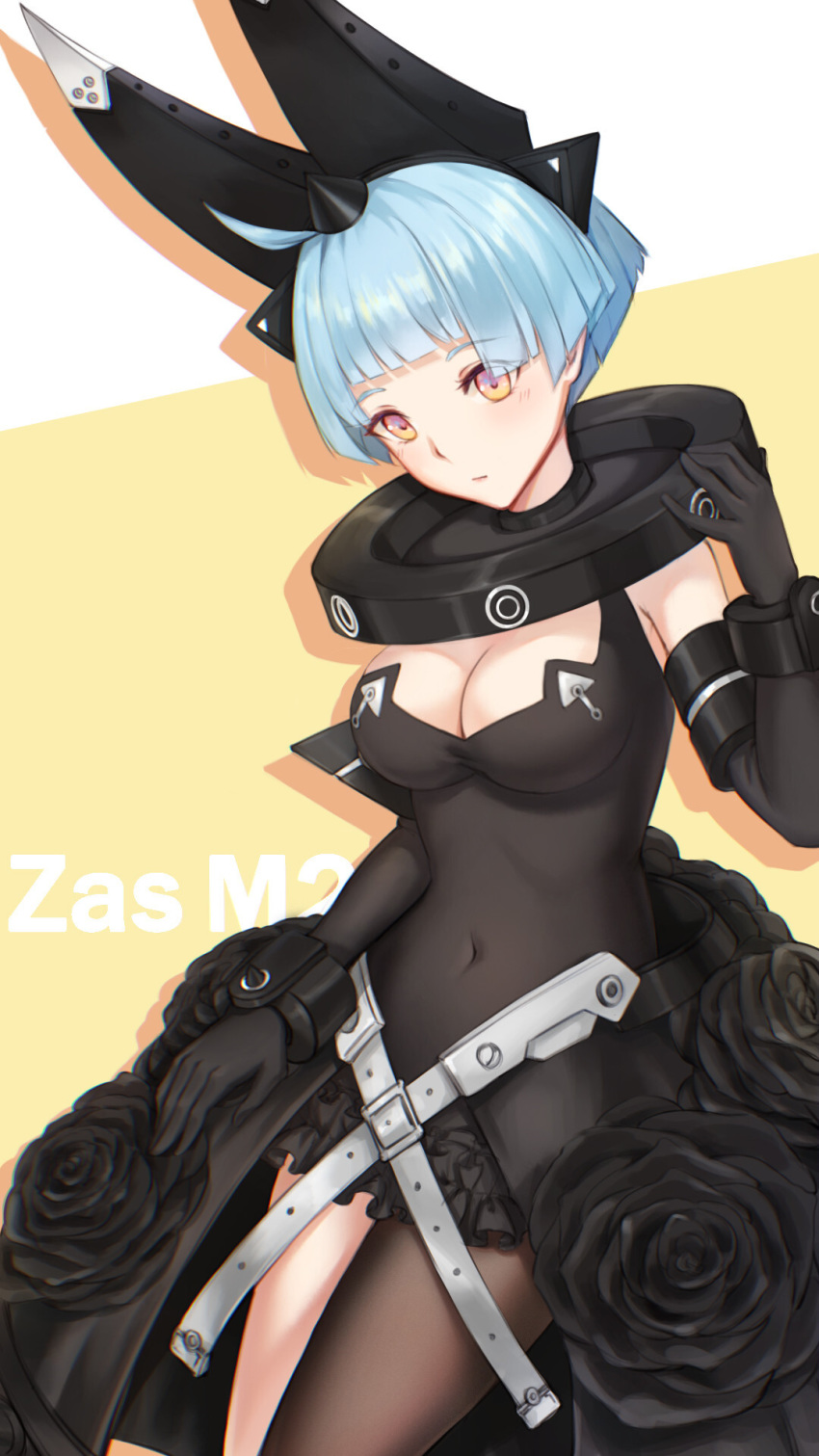 1girl ahoge artist_request asymmetrical_legwear black_dress black_gloves blue_hair breasts cleavage cosplay dress elbow_gloves elphelt_valentine elphelt_valentine_(cosplay) eyebrows_visible_through_hair eyes_visible_through_hair girls_frontline gloves guilty_gear guilty_gear_xrd highres medium_breasts pantyhose short_hair solo yellow_eyes zas_m21_(girls_frontline)