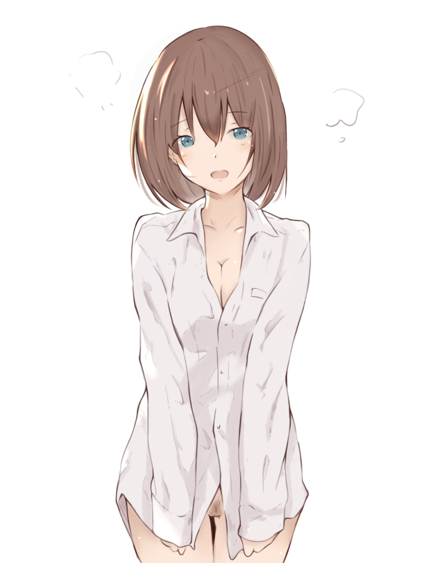 1girl arutoria_(187497382) bangs blush bottomless breasts brown_hair cleavage commentary_request cowboy_shot dress_shirt embarrassed eyebrows_visible_through_hair fang frown gluteal_fold head_tilt highres long_sleeves looking_at_viewer medium_breasts naked_shirt open_mouth partial_commentary pubic_hair pussy saki shirt shirt_tug short_hair simple_background solo standing steam unozawa_shiori white_background white_shirt wing_collar