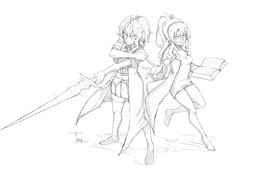 angry axiel_hildagarde axiel_hildagarde_(axziel) book breasts fatuus fighting_stance glasses greyscale highres monochrome original siblings sisters source_request tagme twins weapon