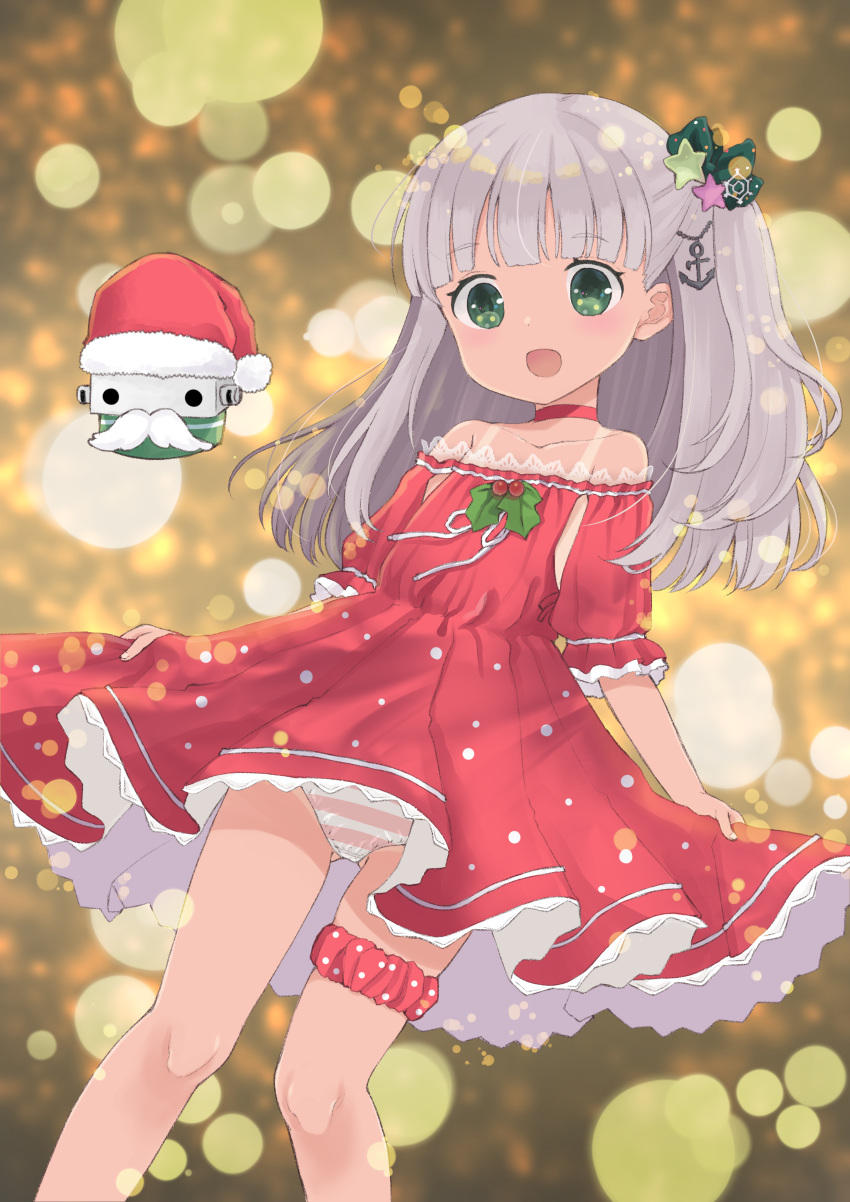 1girl absurdres bare_shoulders choker christmas dress dress_lift facial_hair green_eyes hat highres kantai_collection lifted_by_self long_hair maestrale_(kantai_collection) mustache open_mouth panties red_dress santa_hat short_dress side_ponytail silver_hair smile solo strapless strapless_dress striped striped_panties tan tanline thigh_strap underwear witch1130