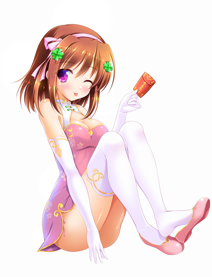 1girl ;p ass bangs bare_shoulders bashen_chenyue blush breasts brown_hair chinese_new_year chinese_zodiac cleavage closed_mouth clover dress elbow_gloves eyebrows_visible_through_hair four-leaf_clover full_body gloves hair_between_eyes hair_ribbon hairband head_tilt highres holding medium_breasts one_eye_closed original pink_dress pink_footwear pink_hairband pink_ribbon ribbon shoe_dangle shoes simple_background sleeveless sleeveless_dress smile solo thighhighs tongue tongue_out white_background white_gloves white_legwear year_of_the_pig