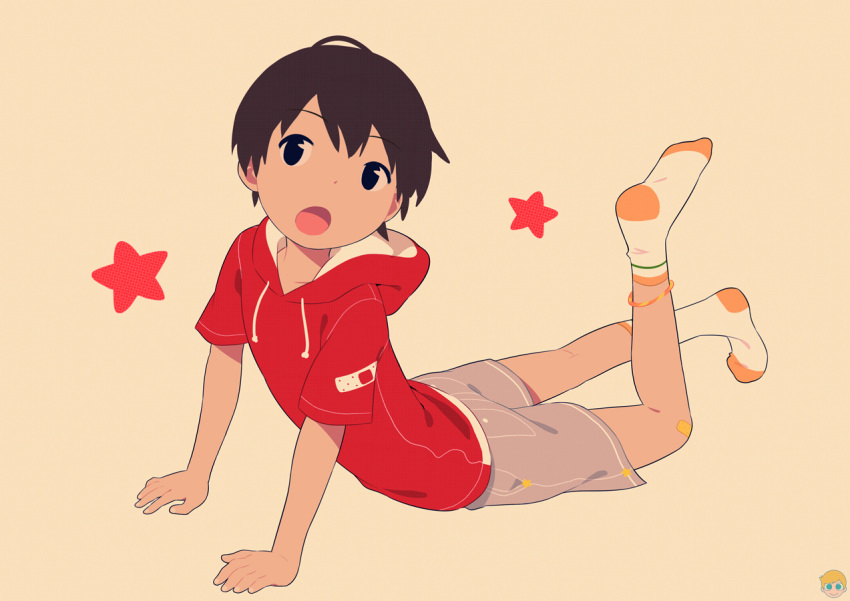 1boy bandaged_leg bandages black_eyes black_hair child exercise jacket looking_up noeyebrow_(mauve) open_mouth original pink_background push-ups red_jacket shorts solo star_(symbol) white_legwear