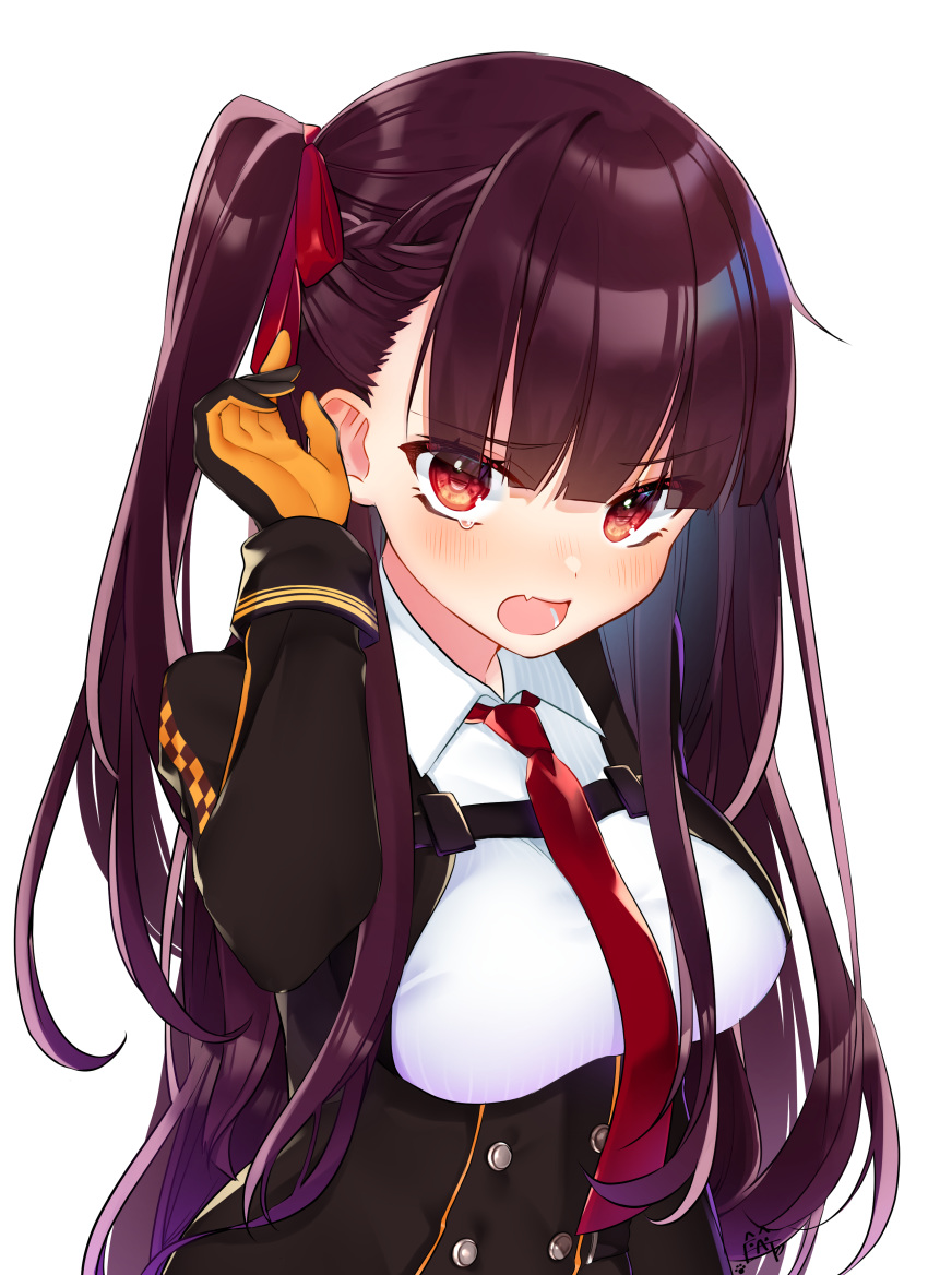 1girl absurdres arm_up bangs blunt_bangs blush breasts collared_shirt commentary_request double-breasted etto_eat eyebrows_visible_through_hair fang girls_frontline gloves hair_ribbon highres long_sleeves looking_at_viewer medium_breasts necktie one_side_up orange_gloves purple_eyes purple_hair red_neckwear red_ribbon ribbon shirt signature simple_background sleeve_cuffs solo upper_body v-shaped_eyebrows wa2000_(girls_frontline) white_background white_shirt wing_collar