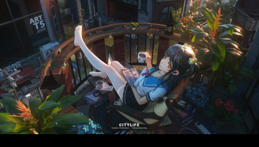 1girl balcony bangs black_hair black_skirt blush book breasts building chair city closed_mouth commentary_request cup digital_media_player drink eyebrows_visible_through_hair flower full_body hair_between_eyes hair_bobbles hair_ornament headphones highres holding holding_book holding_cup ibara_dance ipod lamp lamppost leg_up long_hair looking_at_viewer magazine medium_breasts neckerchief original outdoors plant pleated_skirt potted_plant power_lines reading red_neckwear road sailor_collar scenery school_uniform shirt short_sleeves sitting skirt smile solo spoon street thighhighs tree twintails uniform white_legwear white_shirt window yellow_eyes