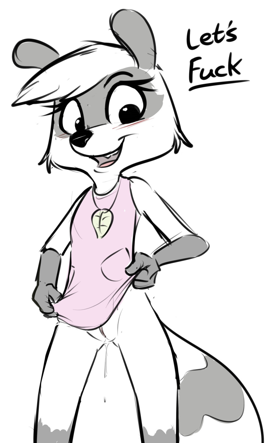 absurd_res blush bottomless clothed clothing clothing_lift dress dress_lift english_text female hi_res mammal melissa_raccoon open_mouth procyonid pussy pussy_drip pussy_juice raccoon sketch smitty_g text the_raccoons