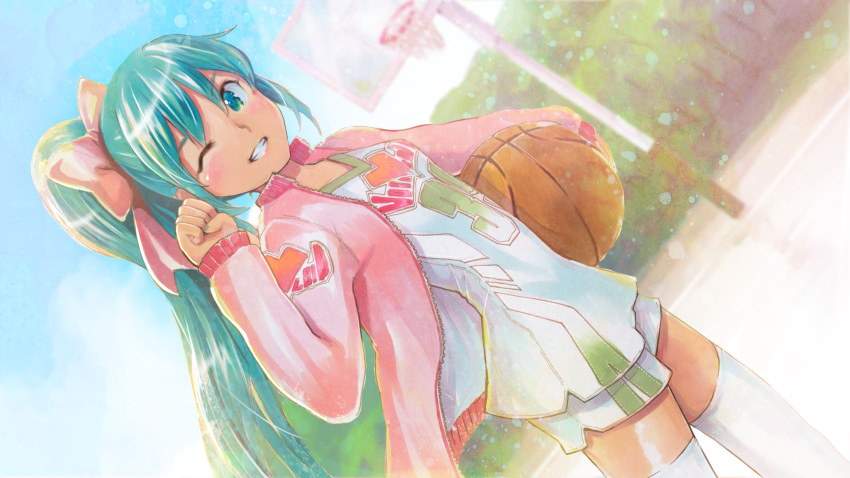 1girl ball basketball basketball_uniform blue_hair bow collarbone day dutch_angle eyebrows_visible_through_hair green_eyes grin hair_between_eyes hair_bow hatsune_miku high_ponytail highres holding holding_ball jacket long_hair long_sleeves marker_(medium) mayo_riyo one_eye_closed open_clothes open_jacket outdoors pink_bow pink_jacket print_shirt shirt short_shorts shorts smile solo sportswear standing thighhighs traditional_media very_long_hair vocaloid white_legwear white_shirt white_shorts zettai_ryouiki