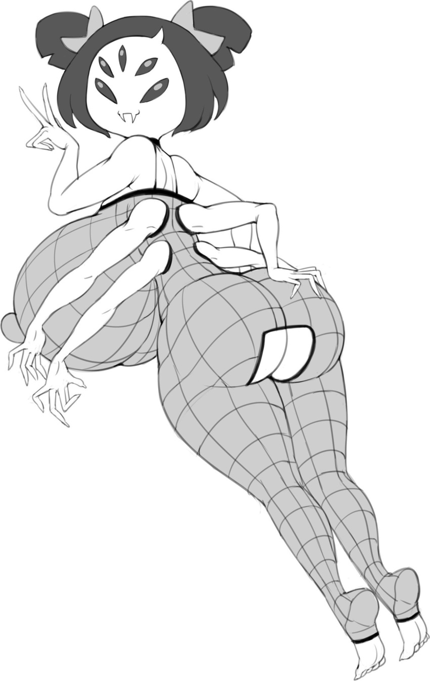 2019 arachnid arthropod big_breasts big_butt black_hair boss_monster breasts butt clothed clothing digital_media_(artwork) feet female gray_impact hair muffet multi_arm multi_eye multi_limb simple_background smile solo spider undertale video_games