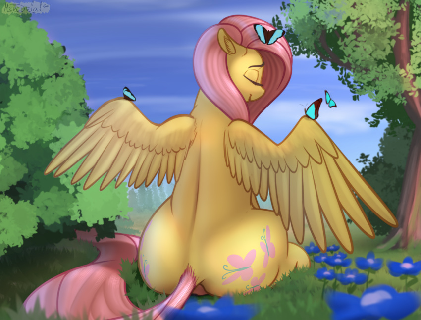 2019 anus arthropod butterfly cutie_mark equid equine eyes_closed feathered_wings feathers female feral fluttershy_(mlp) friendship_is_magic hi_res insect lepidopteran mammal mercurial64 my_little_pony outside pterippus sitting spread_wings subtle_anus tree wings