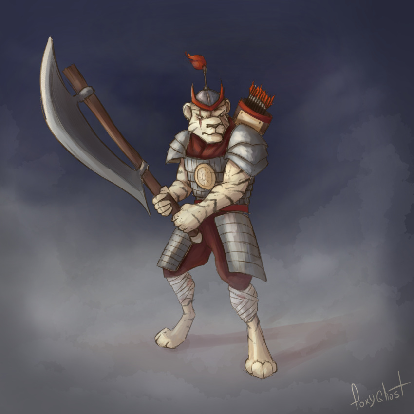 2019 abs absurd_res anthro armor axe clothed clothing fantasy felid foxyghost fur helmet hi_res male mammal melee_weapon muscular pantherine simple_background solo standing stripes tiger warrior weapon white_fur