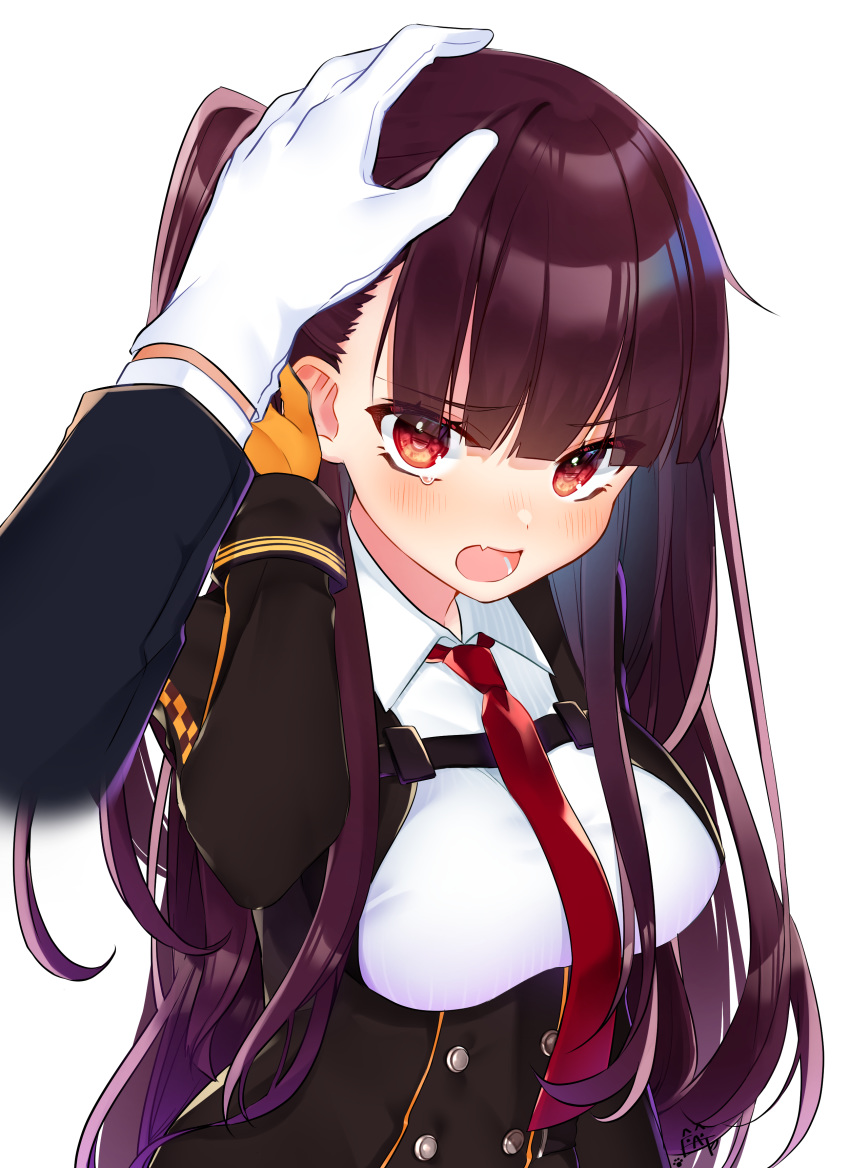 1girl absurdres arm_up bangs blunt_bangs blush breasts collared_shirt disembodied_limb double-breasted etto_eat eyebrows_visible_through_hair fang girls_frontline gloves hair_ribbon highres long_sleeves looking_at_viewer medium_breasts necktie one_side_up orange_gloves petting pov purple_eyes purple_hair red_neckwear red_ribbon ribbon shirt signature simple_background sleeve_cuffs solo_focus upper_body v-shaped_eyebrows wa2000_(girls_frontline) white_background white_gloves white_shirt wing_collar