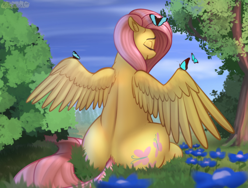 2019 arthropod butterfly cutie_mark equid equine eyes_closed feathered_wings feathers female feral fluttershy_(mlp) friendship_is_magic hi_res insect lepidopteran mammal mercurial64 my_little_pony outside pterippus sitting spread_wings tree wings