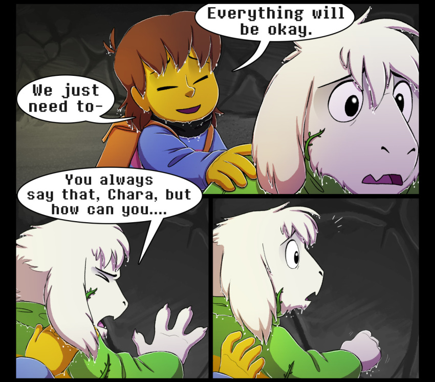 absolutedream asriel_dreemurr backpack boss_monster bovid caprine child comic dialogue english_text human mammal protagonist_(undertale) text undertale video_games wet young