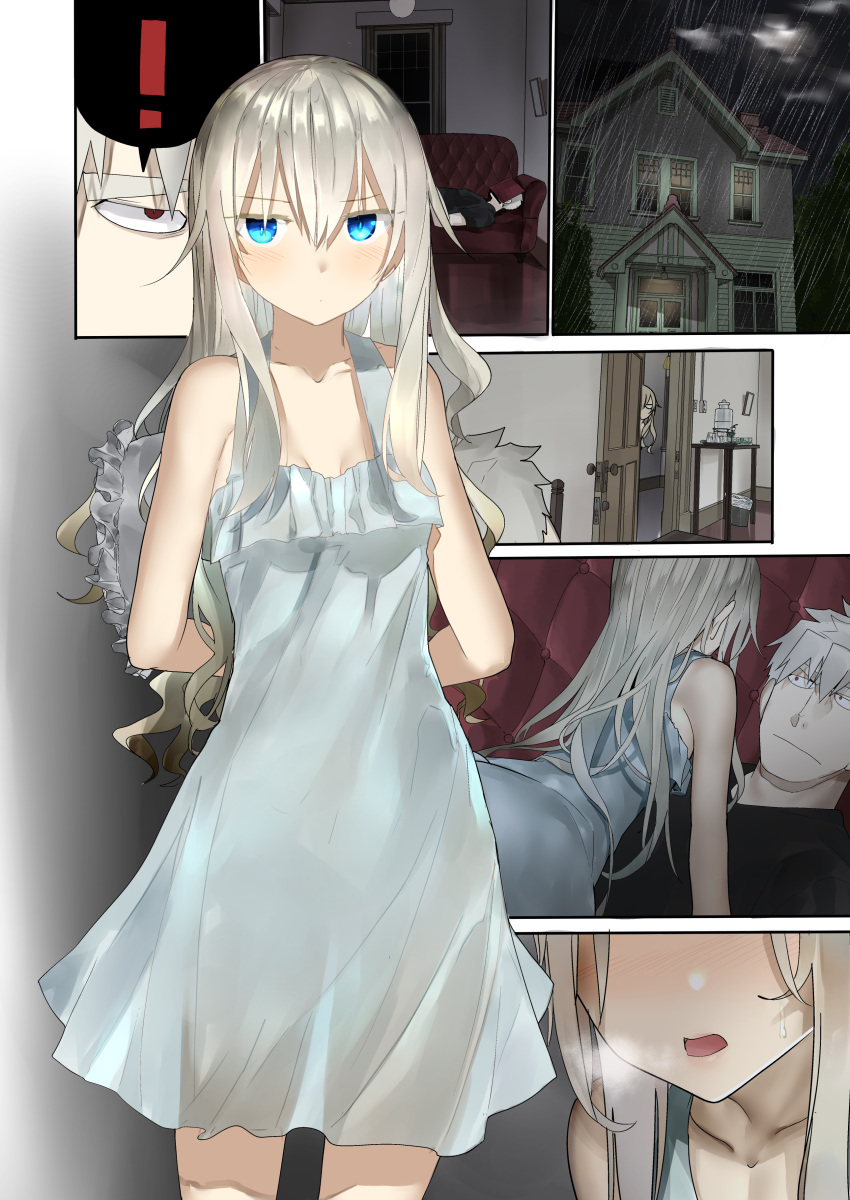 ! 1boy 1girl absurdres araido_kagiri bare_arms bare_shoulders blue_dress blue_eyes blush book breasts breath collarbone comic couch door dress girl_on_top highres holding house long_hair lying night nose_blush on_back original rain red_eyes silent_comic silver_hair sleeveless sleeveless_dress small_breasts spoken_exclamation_mark sweat white_hair