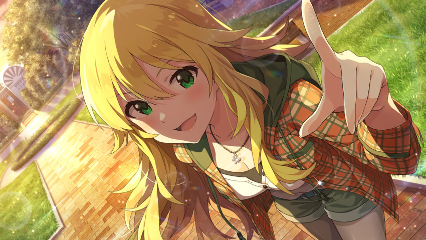 1girl black_undershirt blonde_hair blush breasts brick_floor bush buttons cleavage clothing game_cg grass green_eyes green_shorts hood hoodie hoshii_miki idolmaster idolmaster_million_live! idolmaster_million_live!_theater_days jewelry layered leggings lens_flare looking_at_viewer necklace official_art open_mouth park plaid plaid_jacket pointing_finger shirt short_shorts shorts sleeves_rolled_up white_shirt