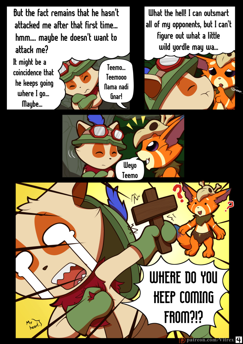 clothed clothing comic dialogue digital_media_(artwork) gnar_(lol) hi_res league_of_legends male riot_games smile surprise teemo_(lol) text video_games vitrex yordle