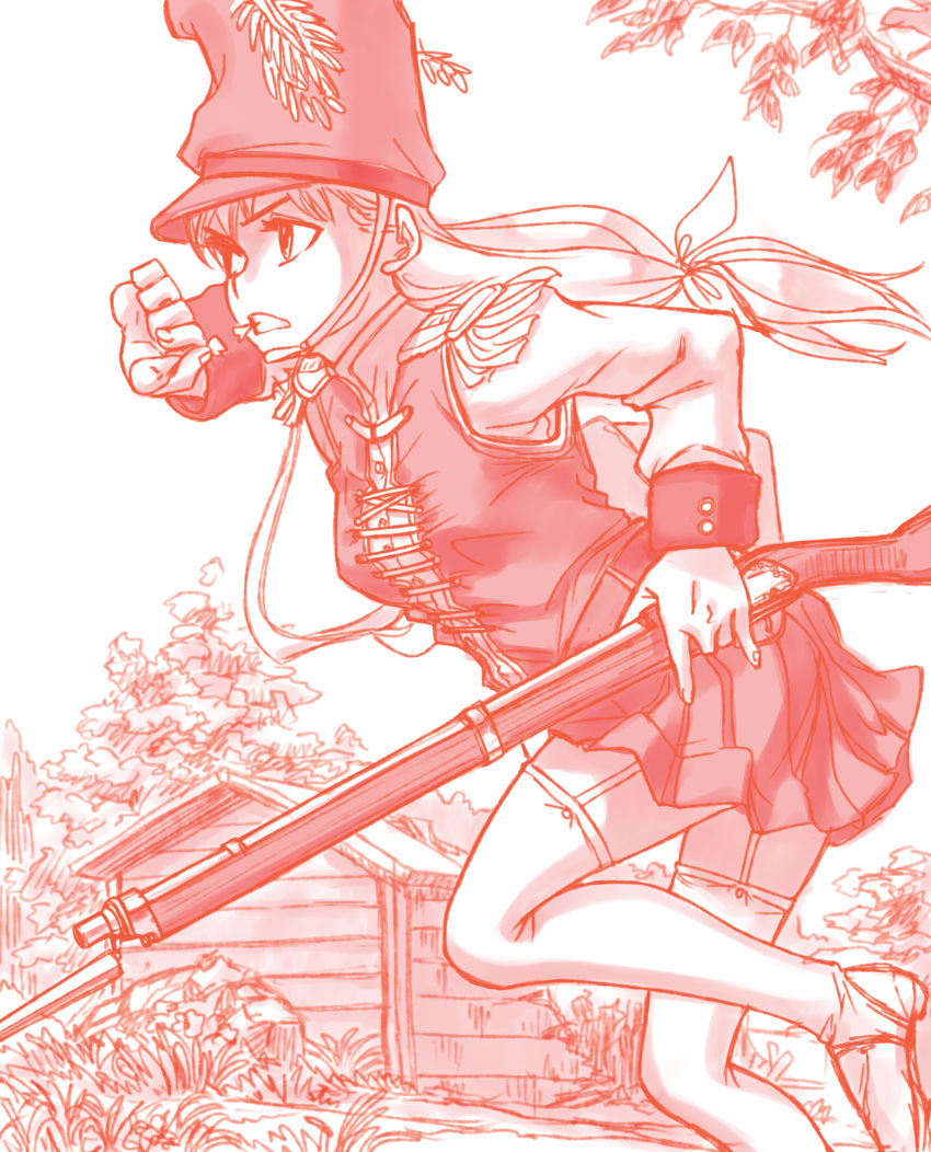 1girl absurdres antique_firearm bayonet boots bush epaulettes firearm firelock foliage gun hat highres holding holding_gun holding_weapon kageng long_hair military military_hat military_uniform musket original outdoors plant powder running shack soldier solo thigh_boots thighhighs tree uniform weapon