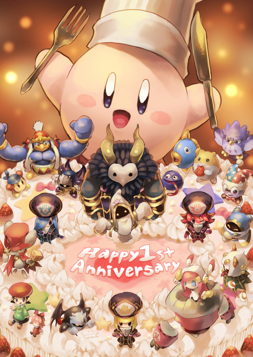 absurdres adeleine bandana_waddle_dee bow cake chef_hat coo_(kirby) dark_meta_knight daroach drawing eyes_closed flamberge_(kirby) food fork francisca_(kirby) fruit gooey hat heart highres hyness icing kine_(kirby) king_dedede kirby kirby:_star_allies kirby_(series) knife magolor marx meta_knight muscle nintendo okame_nin one_eye_closed open_mouth ribbon_(kirby) rick_(kirby) size_difference smile sparkling_eyes star strawberry susie_(kirby) taranza tongue tongue_out void_termina whipped_cream zan_partizanne