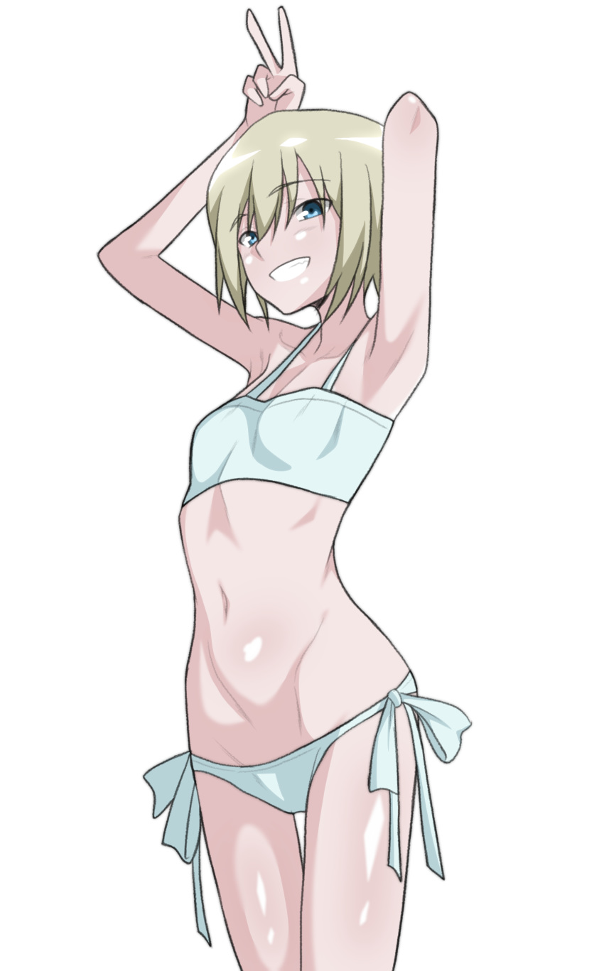1girl absurdres armpits bikini blonde_hair blue_eyes blush breasts cameltoe cleft_of_venus erica_hartmann grin highres looking_at_viewer minami_(y-r-h998d) short_hair side-tie_bikini simple_background small_breasts smile solo strike_witches swimsuit swimwear v white_background white_bikini world_witches_series