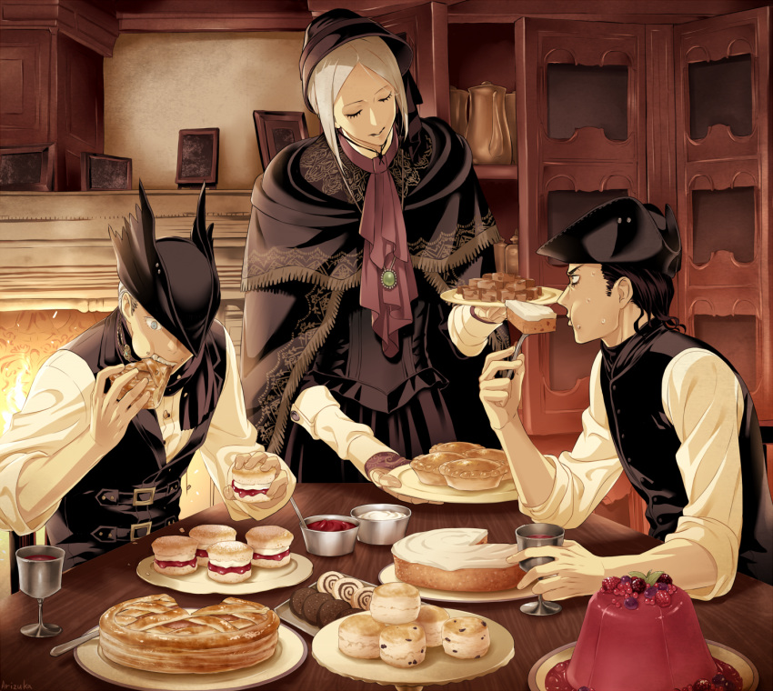 1girl 2boys arizuka_(catacombe) bangs biscuit bloodborne blue_eyes brown_hair butter cookie doll_joints eating eyelashes eyes_closed fire fireplace food framed_image gelatin goblet hat highres hunter_(bloodborne) indoors jam multiple_boys parted_bangs pie plain_doll plate sleeves_rolled_up sponge_cake sweatdrop table teapot teeth vest white_hair
