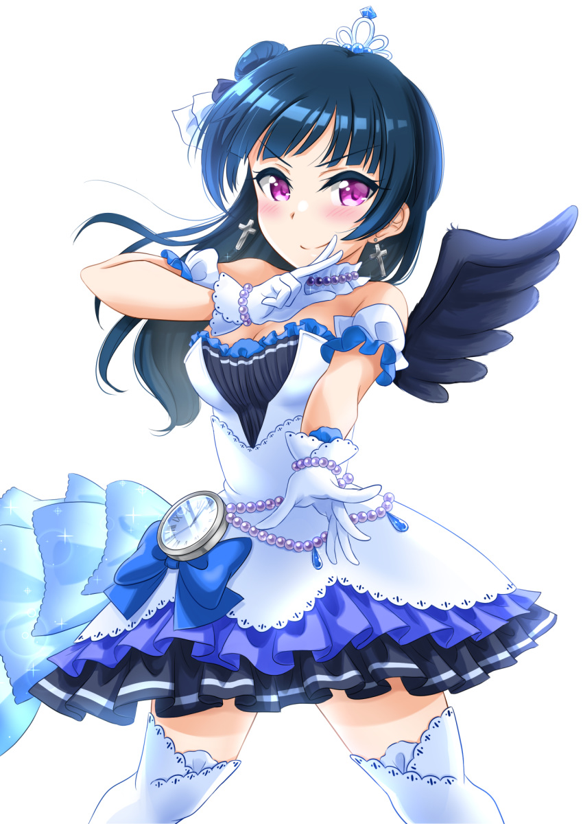 1girl alternate_costume angel_wings bangs bead_bracelet beads blue_bow blush bow bracelet choker clock cross cross_earrings crossover crown dark_blue_hair dress earrings eyebrows_visible_through_hair frill_trim frilled_skirt frills gloves hair_ornament half_gloves highres idolmaster idolmaster_cinderella_girls jewelry kibihimi long_hair looking_at_viewer love_live! love_live!_sunshine!! off-shoulder_dress off_shoulder purple_eyes side_bun sidelocks simple_background skirt sleeveless smile smirk solo starry_sky_bright thighhighs tsushima_yoshiko white_background white_dress wings