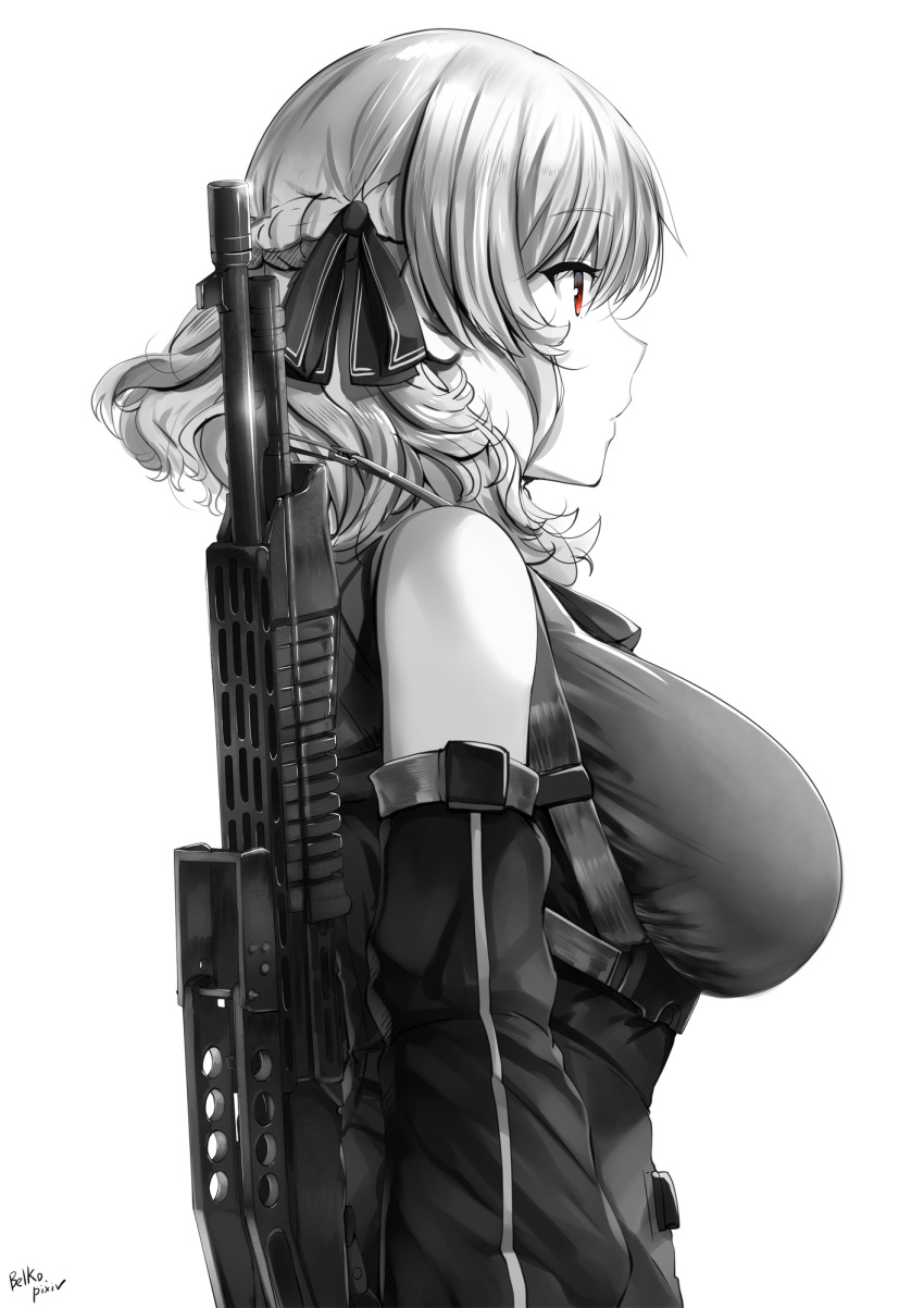 1girl bangs bare_shoulders black_ribbon breasts detached_sleeves eyebrows_visible_through_hair from_side girls_frontline gun hair_ribbon highres large_breasts lolicept long_hair looking_afar red_eyes ribbon shotgun signature simple_background sleeveless_jacket solo spas-12 spas-12_(girls_frontline) spot_color twintails upper_body weapon white_background