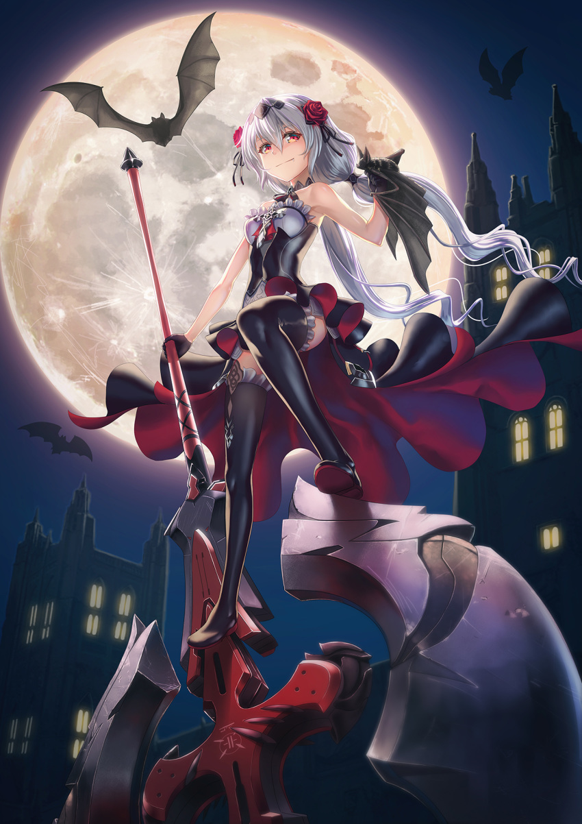 1girl bangs bare_shoulders bat black_dress black_gloves black_legwear breasts castle dress fang_out flamenco_dress floating_hair flower full_moon garter_straps gloves gotointhepark hair_flower hair_ornament hand_up highres holding holding_weapon honkai_(series) honkai_impact_3 long_hair looking_at_viewer low_twintails moon night outdoors red_eyes red_flower silver_hair sleeveless sleeveless_dress small_breasts solo theresa_apocalypse theresa_apocalypse_(luna_kindred) thighhighs twintails weapon