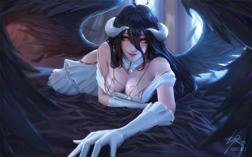 1girl ahoge albedo black_feathers black_wings blurry blurry_background breasts cleavage day demon_horns detached_collar dress feathered_wings gloves hair_between_eyes hip_vent horns indoors large_breasts looking_at_viewer low_wings lying on_stomach overlord_(maruyama) parted_lips raikoart slit_pupils smile solo watermark white_dress white_gloves window wings yellow_eyes