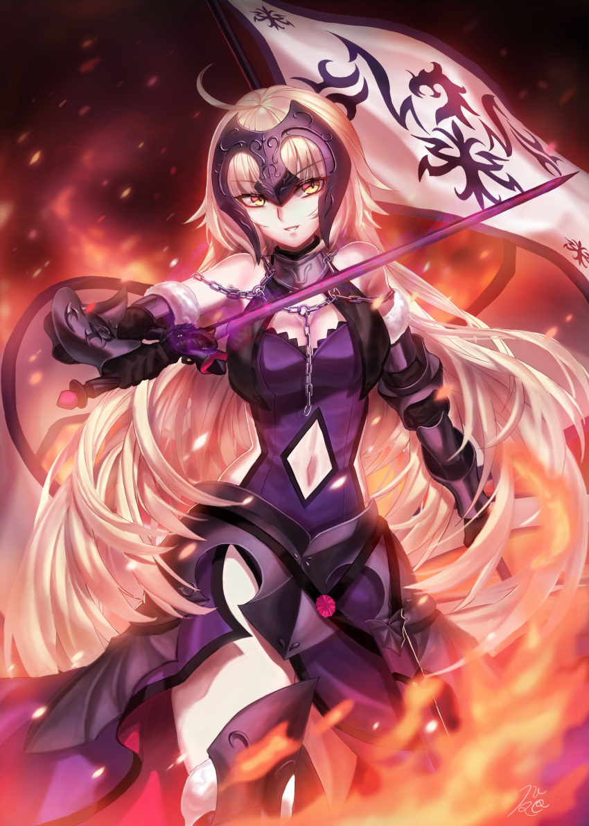 1girl ahoge armor armored_boots armored_dress banner blonde_hair boots breasts chains cleavage dress eyebrows_visible_through_hair fate/grand_order fate_(series) faulds floating_hair fur-trimmed_legwear fur_trim headphones highres holding holding_sword holding_weapon jeanne_d'arc_(alter)_(fate) jeanne_d'arc_(fate)_(all) kuro_(ning2763) long_hair looking_at_viewer medium_breasts midriff navel navel_cutout parted_lips pixiv_fate/grand_order_contest_2 purple_dress solo standing stomach sword thighhighs very_long_hair weapon yellow_eyes