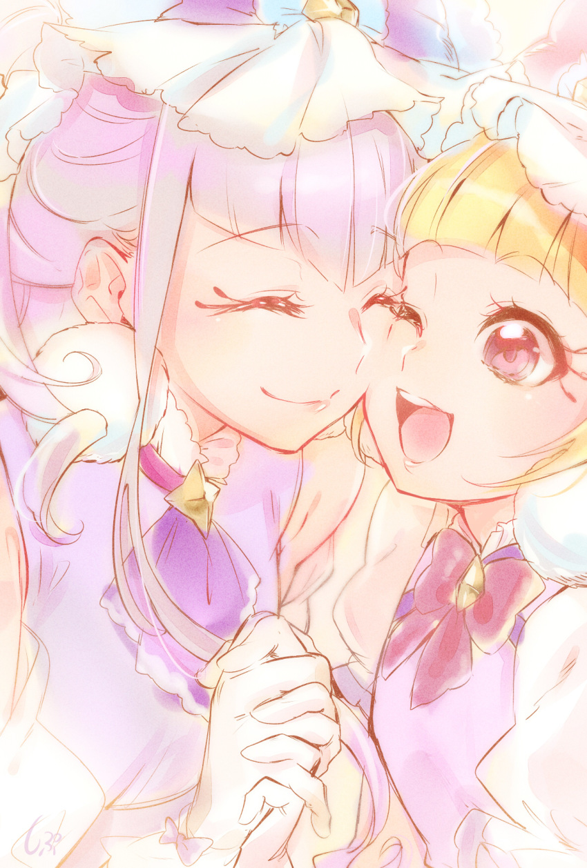 2girls ;d bangs blonde_hair blunt_bangs bow bowtie cure_amour cure_macherie eyebrows_visible_through_hair eyes_closed gloves hair_ornament hand_holding highres hugtto!_precure interlocked_fingers long_hair makeup mascara multiple_girls one_eye_closed open_mouth precure purple_hair purple_neckwear red_bow red_eyes red_neckwear shipu_(gassyumaron) smile upper_body white_gloves