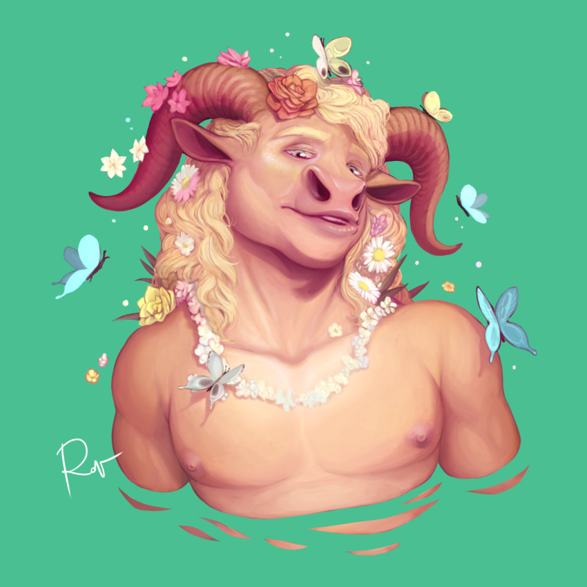 anthro arthropod blonde_hair bovid bovine butterfly cattle faun flower flower_necklace hair hi_res horn hybrid insect lepidopteran long_hair male mammal nipples plant rov satyr simple_background solo