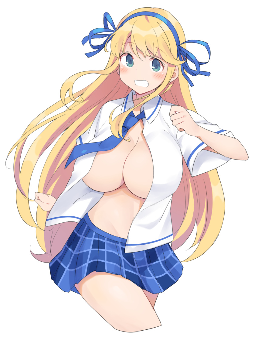 1girl bangs blonde_hair blue_neckwear blue_ribbon blue_skirt blush breasts cowboy_shot green_eyes grin hair_ribbon highres katsuragi_(senran_kagura) large_breasts long_hair looking_at_viewer mukuba necktie no_bra open_clothes open_shirt plaid plaid_skirt ribbon senran_kagura short_sleeves skirt smile solo swept_bangs very_long_hair