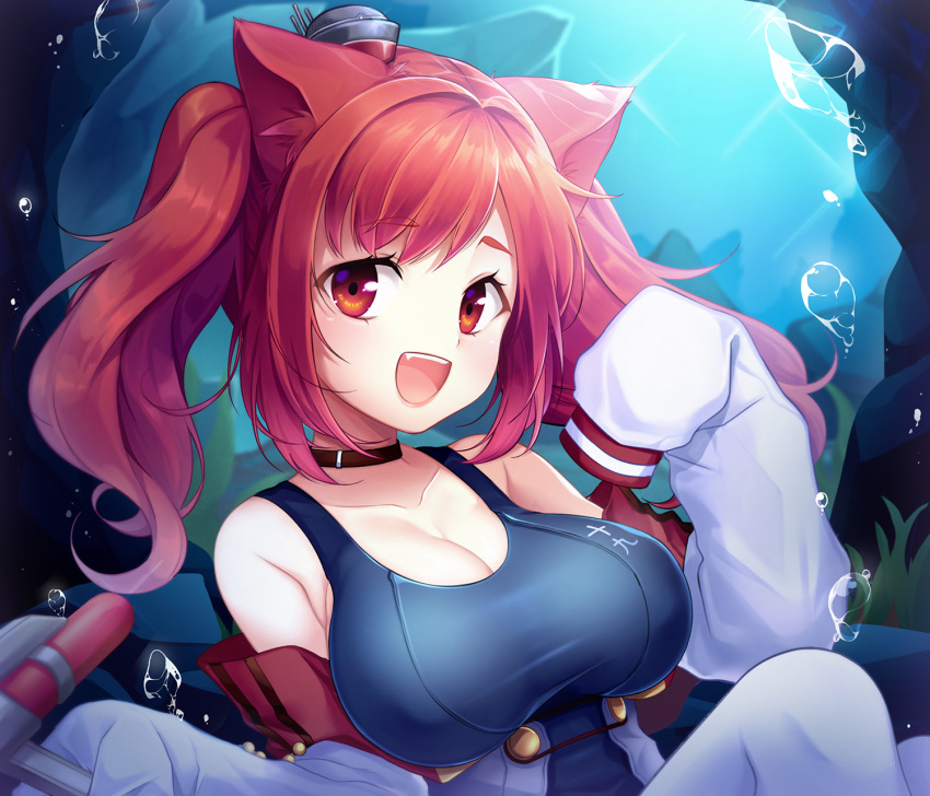 1girl air_bubble animal_ears azur_lane blue_swimsuit blush breasts bubble cat_ears cleavage collar collarbone coral cowboy_shot eyebrows_visible_through_hair fang hair_between_eyes hair_ornament highres i-19_(azur_lane) jacket light_rays long_hair long_sleeves looking_at_viewer ocean one-piece_swimsuit open_mouth red_eyes red_hair rock school_swimsuit sleeves_past_wrists smile solo swimming swimsuit thighhighs torpedo twintails underwater white_jacket white_legwear yn_ynko