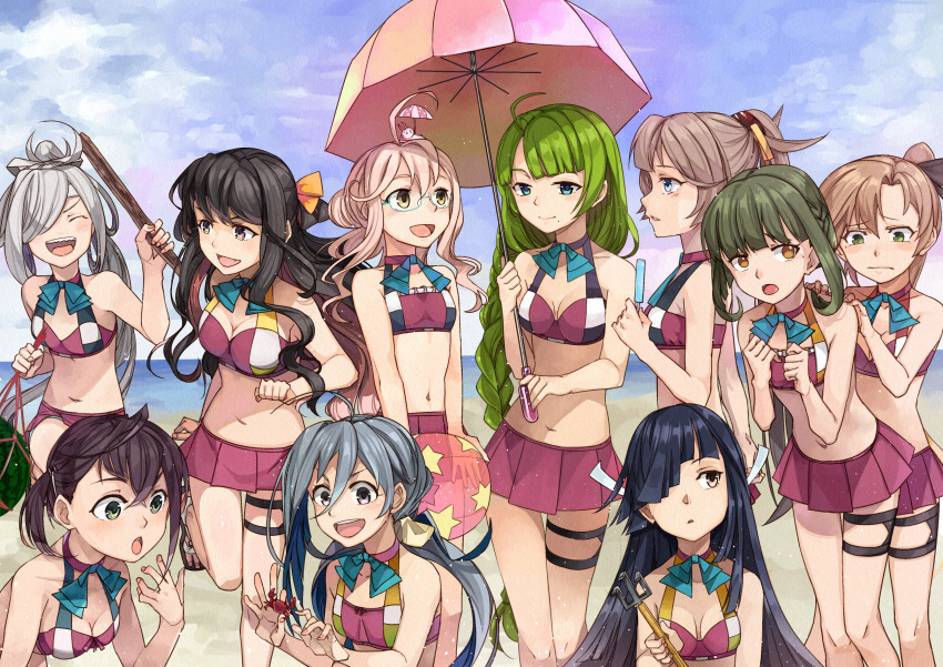 6+girls absurdres adapted_costume ahoge akigumo_(kantai_collection) asashimo_(kantai_collection) beach bikini bikini_skirt black_hair blue-framed_eyewear blue_eyes blue_sky blush bob_cut bow bowtie braid breasts brown_eyes brown_hair choker cleavage cloud crab day double_bun glasses green_eyes green_hair grey_eyes grey_hair hair_between_eyes hair_over_one_eye hair_ribbon hand_up hayashimo_(kantai_collection) highres holding holding_beachball holding_umbrella kanmiya_shinobu kantai_collection kazagumo_(kantai_collection) kiyoshimo_(kantai_collection) large_breasts leg_up long_hair looking_at_another looking_at_viewer low_twintails makigumo_(kantai_collection) medium_breasts mole mole_under_mouth multicolored_hair multiple_girls naganami_(kantai_collection) navel ocean okinami_(kantai_collection) open_mouth outdoors pink_hair ponytail ribbon sand short_hair siblings side_ponytail sidelocks silver_eyes silver_hair single_braid sisters sky smile stomach swimsuit takanami_(kantai_collection) thigh_strap tsurime twintails umbrella very_long_hair yuugumo_(kantai_collection)