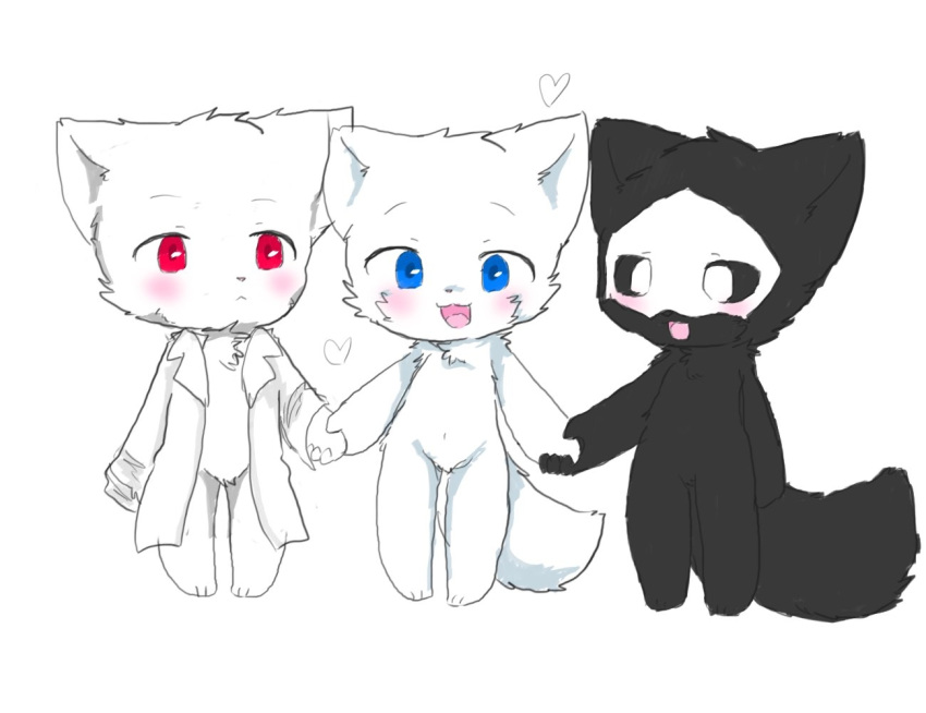 ambiguous_gender anthro black_fur black_sclera black_tail blue_eyes blush canid canine canis changed_(video_game) chano cloth cub digital_media_(artwork) dr._k_(changed) fur lin_(changed) mammal paws puro_(changed) red_eyes smile solo white_fur white_tail wolf young