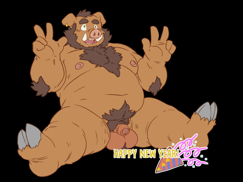 2019 anthro balls beard body_hair brown_hair chest_hair cloven_hooves ear_piercing elbow_tufts facial_hair flaccid hair hooves male mammal markwulfgar nipples nude open_mouth pecs penis piercing pubes slightly_chubby smile solo suid suina sus_(pig) tuft tusks uncut v_sign wild_boar