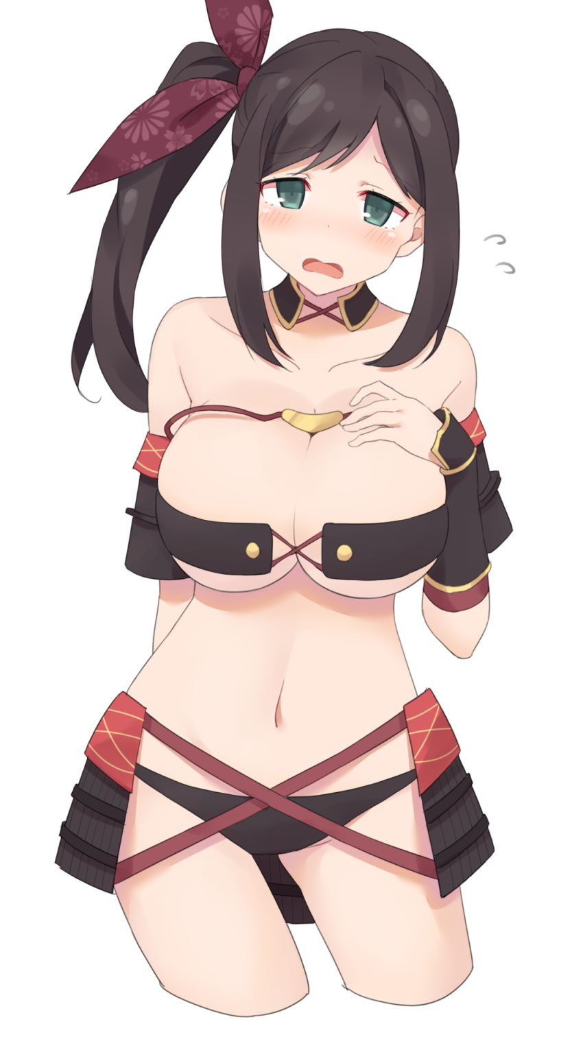 1girl armor black_panties blush breasts brown_hair collarbone cowboy_shot flying_sweatdrops green_eyes hair_ribbon highres japanese_armor large_breasts long_hair looking_at_viewer mukuba murakumo_(senran_kagura) navel open_mouth panties revealing_clothes ribbon senran_kagura senran_kagura_shinovi_versus side_ponytail simple_background solo stomach tareme underwear white_background