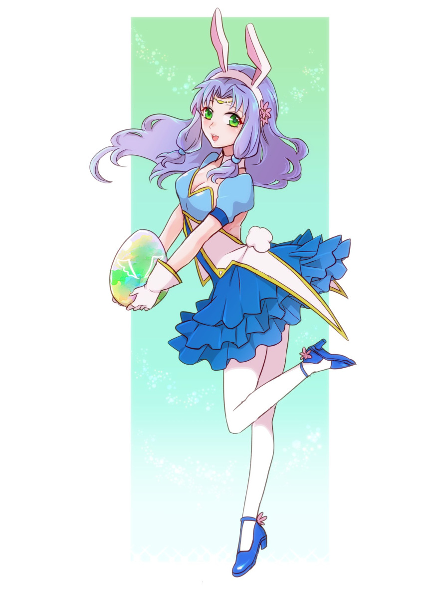 1girl alternate_costume animal_ears breasts bunny_ears cleavage dress easter_egg egg fake_animal_ears fire_emblem fire_emblem:_rekka_no_ken fire_emblem_heroes florina flower full_body gloves green_eyes hair_flower hair_ornament high_heels highres holding leg_up nintendo open_mouth purple_hair short_sleeves solo taguchi_(igutiguti) white_gloves white_legwear