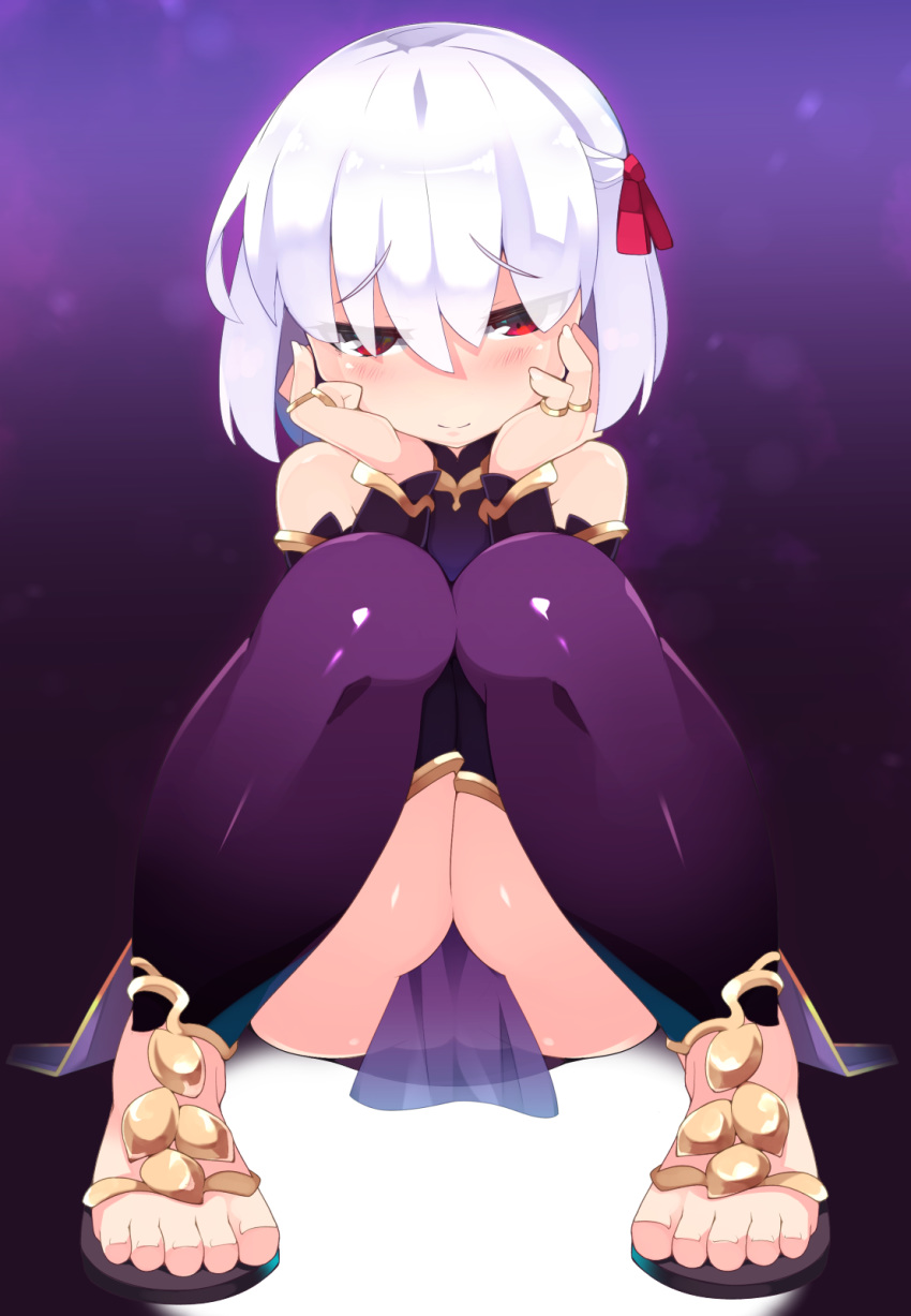 1girl ass bangs bare_shoulders blush closed_mouth detached_collar detached_sleeves dress fate/grand_order fate_(series) feet hair_between_eyes hair_ribbon highres jewelry kama_(fate/grand_order) knees_up legs looking_at_viewer pelvic_curtain purple_dress purple_legwear red_eyes ribbon ring sandals short_hair silver_hair sitting smile solo thighhighs thighs toes zamudelin