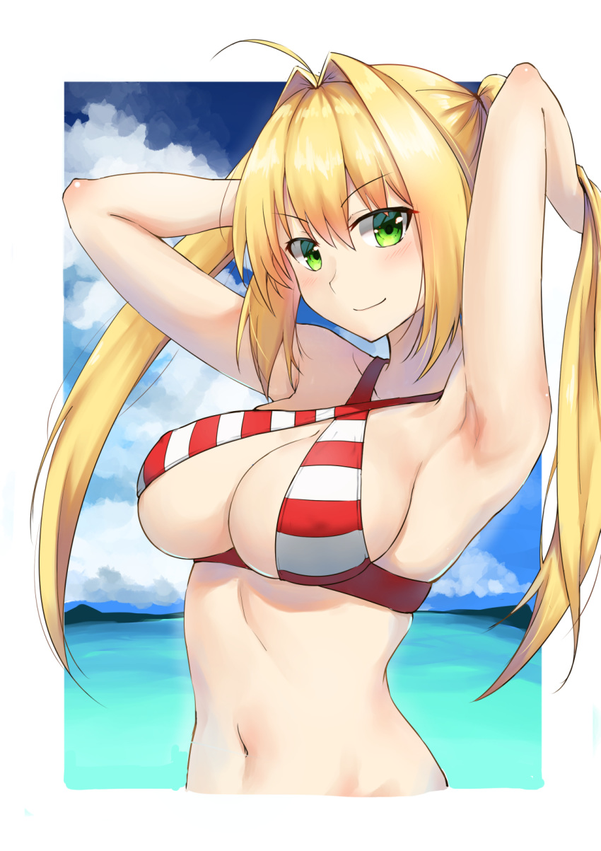 &gt;:) 1girl ahoge armpits arms_behind_head arms_up bikini_top blonde_hair blue_sky breasts cleavage closed_mouth cloud criss-cross_halter cropped_torso day fate/grand_order fate_(series) green_eyes hair_intakes halterneck highres large_breasts long_hair m_kong navel nero_claudius_(fate)_(all) nero_claudius_(swimsuit_caster)_(fate) ocean outdoors outside_border red_bikini_top sky smile solo stomach striped_bikini_top swimsuit twintails upper_body v-shaped_eyebrows water