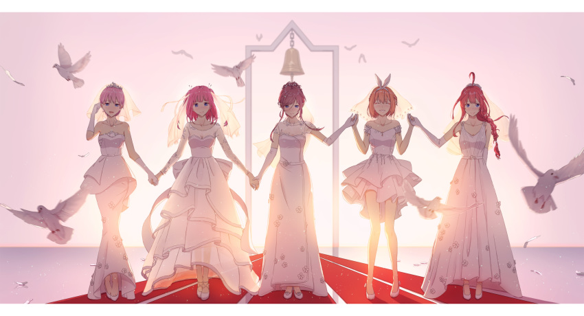 5girls absurdres ahoge bare_shoulders bell bibido bird blue_eyes braid breasts bridal_veil cleavage closed_mouth dove dress elbow_gloves eyes_closed falling_feathers gloves go-toubun_no_hanayome hair_bun hair_ornament hair_up hand_holding high_heels highres large_breasts legs long_hair looking_at_viewer multiple_girls nakano_ichika nakano_itsuki nakano_miku nakano_nino nakano_yotsuba open_mouth orange_hair pink_hair red_carpet red_hair ribbon short_hair sidelocks single_braid skirt smile standing thighs veil wedding wedding_dress white_ribbon