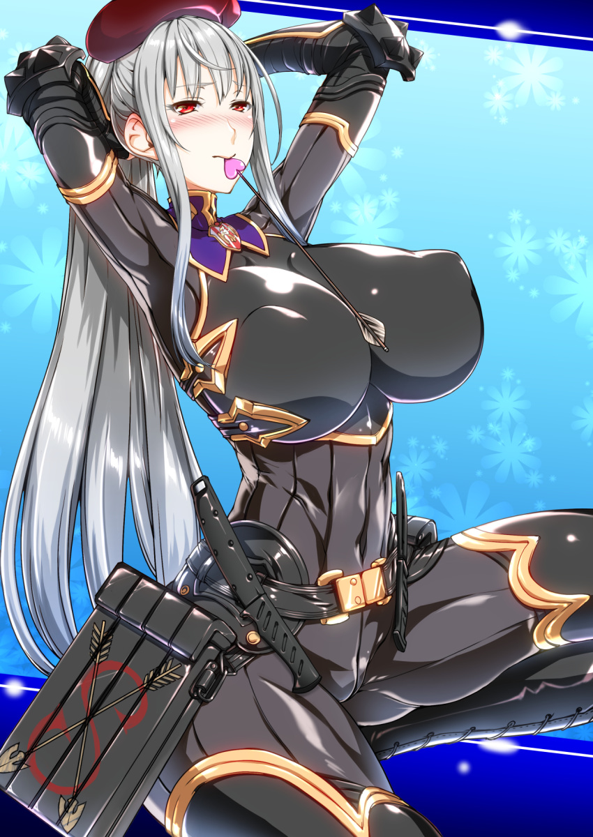 1girl arms_behind_head arms_up ass bangs black_bodysuit blush bodysuit breasts covered_navel ebido erect_nipples gloves hair_between_eyes hat highres huge_breasts long_hair looking_at_viewer ponytail red_eyes selvaria_bles senjou_no_valkyria senjou_no_valkyria_1 silver_hair simple_background skin_tight smile solo tan tanline