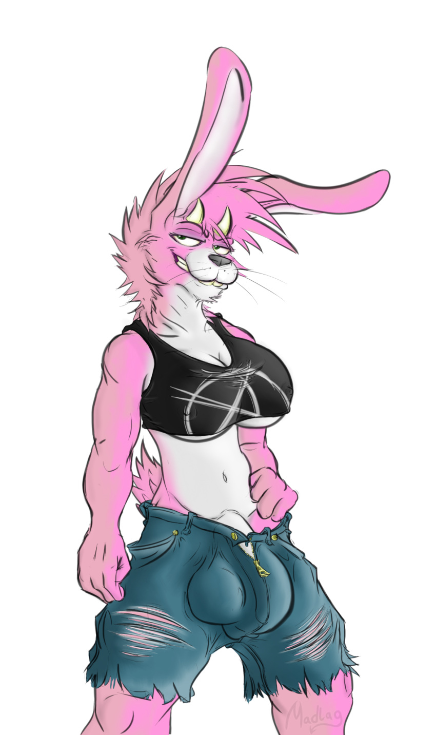 2019 3_fingers anthro athletic balls balls_outline big_bulge breasts buckteeth bulge clothed clothing demon dickgirl digital_drawing_(artwork) digital_media_(artwork) flaccid front_view fur grin hair hi_res horn intersex lagomorph long_ears looking_at_viewer lust_(madlag) madlag mammal midriff muscular navel penis penis_outline pink_fur poking_out pose rabbit shirt shorts signature smile solo solo_focus standing tank_top teeth tight_clothing