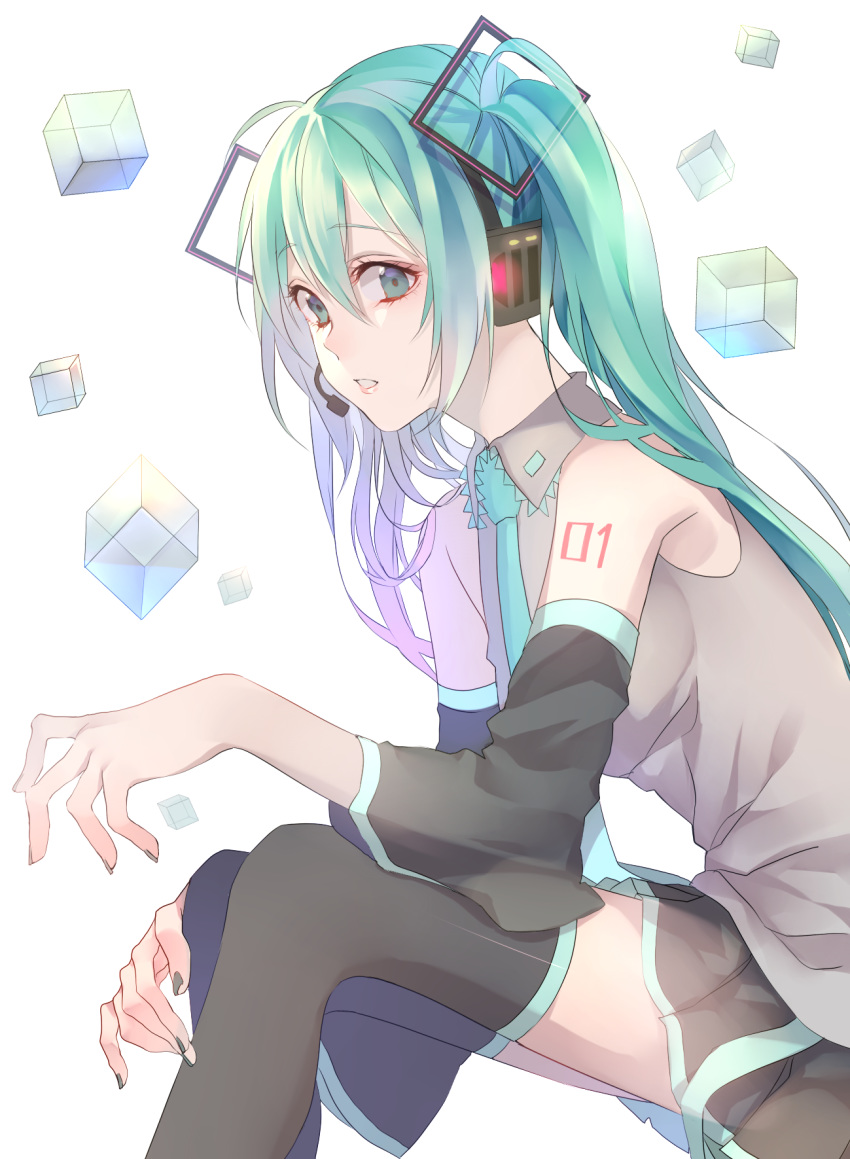 1girl alternate_color alternate_nail_color bare_shoulders black_nails black_skirt blue_eyes blue_hair blue_neckwear detached_sleeves eisei_aki eyebrows_visible_through_hair eyelashes fingernails grey_shirt hatsune_miku headset highres long_hair looking_away nail_polish necktie number_tattoo parted_lips shirt shoulder_tattoo simple_background sitting skirt sleeveless sleeveless_shirt solo square tattoo thighhighs thighs twintails vocaloid white_background