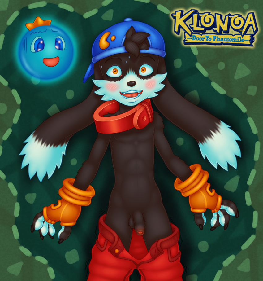 anthro balls blue_eyes blush chokodonkey claws clothed clothing collar crown cub domestic_cat embarrassed felid feline felis fingerless_gloves flaccid foreskin fur gloves hairy_balls hat hovering huepow hybrid klonoa klonoa_(series) lagomorph male mammal open_mouth orb partially_clothed penis rabbit shorts shorts_down spirit standing sweat text video_games yellow_eyes young