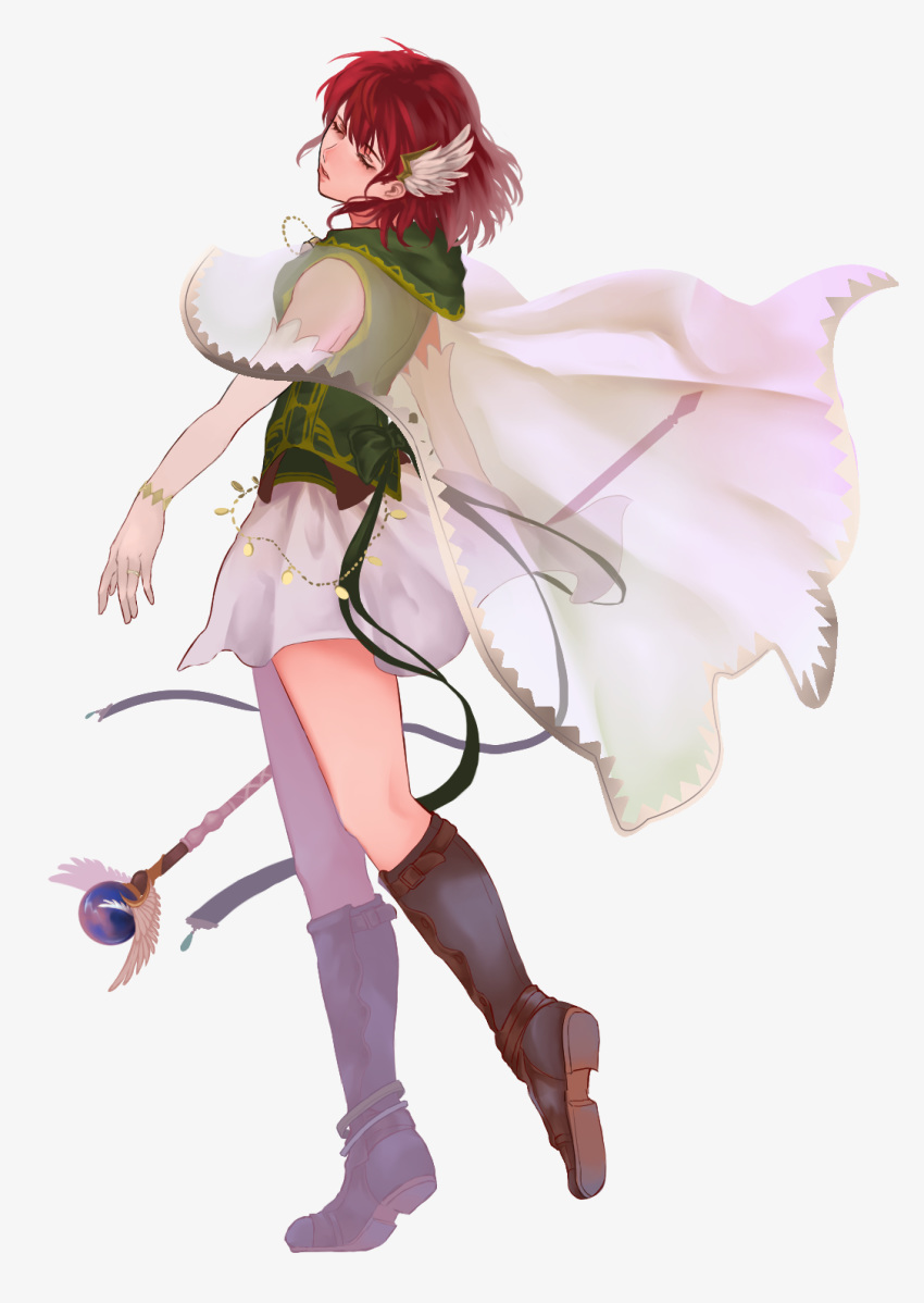 1girl boots breasts brown_footwear cape dress elbow_gloves eyes_closed feathers fire_emblem fire_emblem:_rekka_no_ken full_body gloves hair_feathers highres lips medium_breasts nintendo parted_lips priscilla_(fire_emblem) red_hair ryuugari short_dress short_hair simple_background sleeveless sleeveless_dress solo staff white_background white_gloves