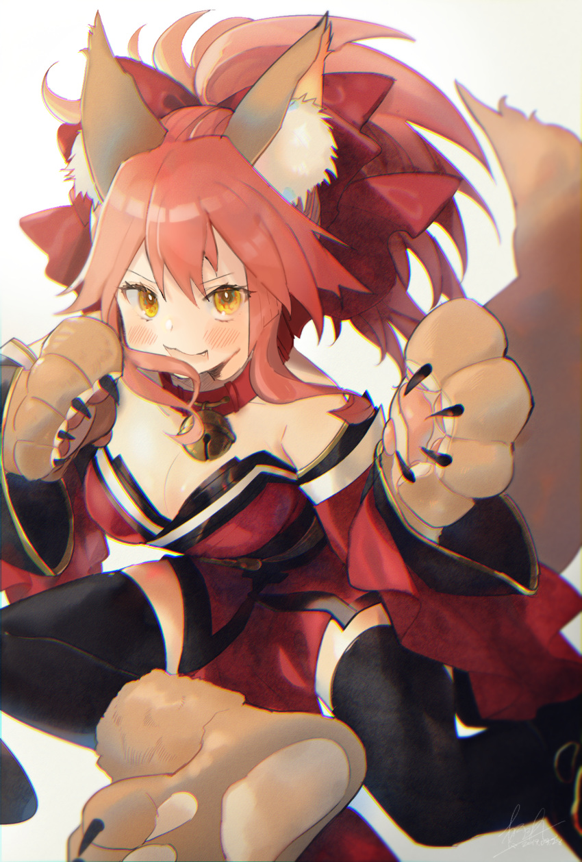 1girl animal_ear_fluff animal_ears bell bell_collar belt_collar black_legwear blush bow breasts cleavage collar detached_sleeves dress fang fate/grand_order fate_(series) fox_ears fox_girl fox_tail gloves hair_bow highres japanese_clothes kimono looking_at_viewer medium_breasts nishikiya open_mouth paw_boots paw_gloves paws pink_hair ponytail red_bow red_collar red_kimono sash short_kimono simple_background sleeveless sleeveless_dress sleeveless_kimono smile solo tail tamamo_(fate)_(all) tamamo_cat_(fate) thighhighs white_background wide_sleeves yellow_eyes
