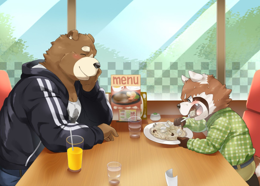 2019 ailurid anthro blush brown_fur clothing duo eating eyes_closed food fur hoodie male male/male mammal nikiciy pants red_panda shirt sitting slightly_chubby ursid