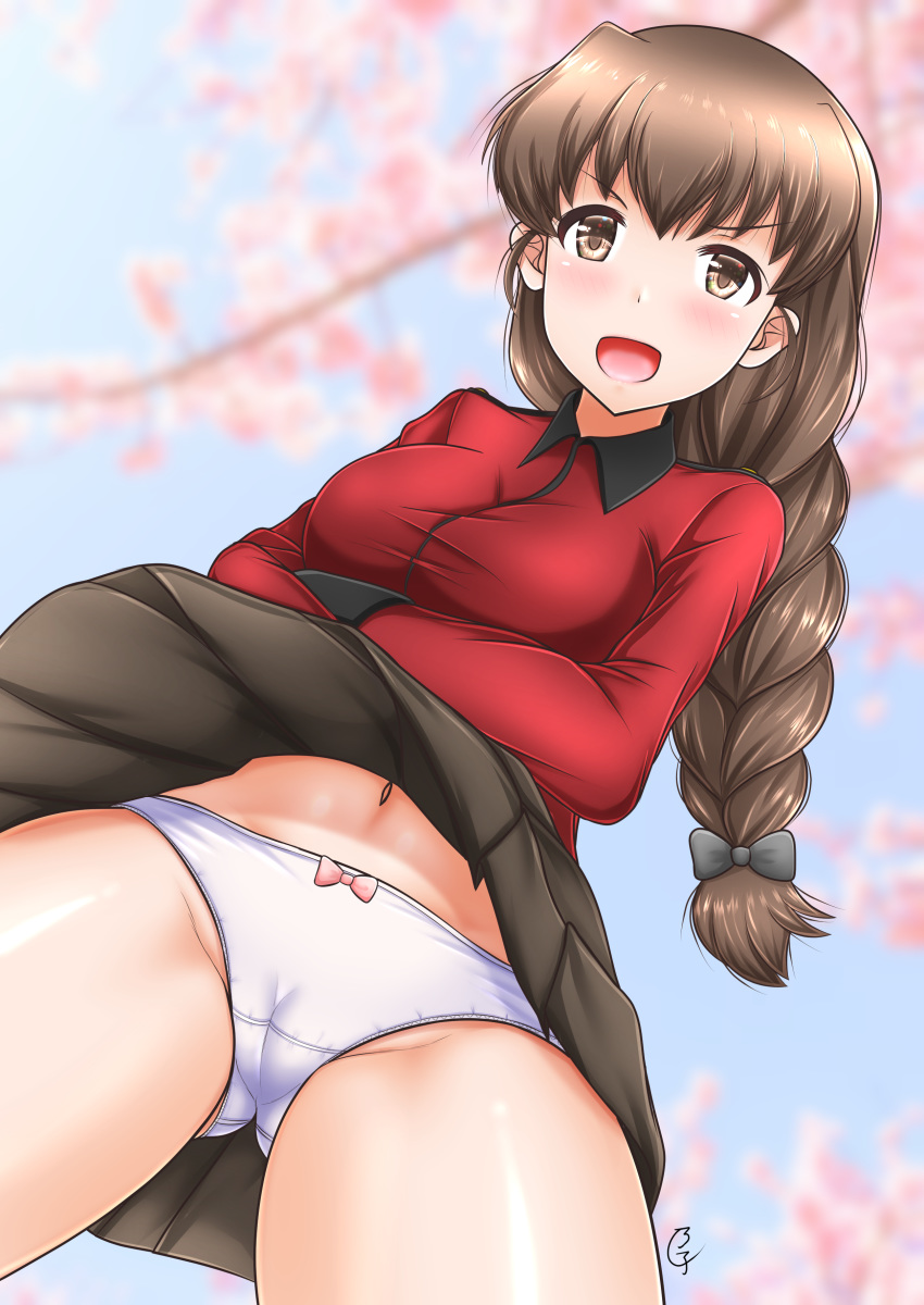 1girl absurdres blush braid braided_ponytail breasts brown_eyes brown_hair cameltoe cherry_blossoms eyebrows_visible_through_hair girls_und_panzer groin highres io-catalyst looking_at_viewer medium_breasts navel open_mouth outdoors panties pantyshot ponytail rukuriri shiny shiny_hair shiny_skin skirt skirt_lift smile solo st._gloriana's_military_uniform underwear white_panties wind