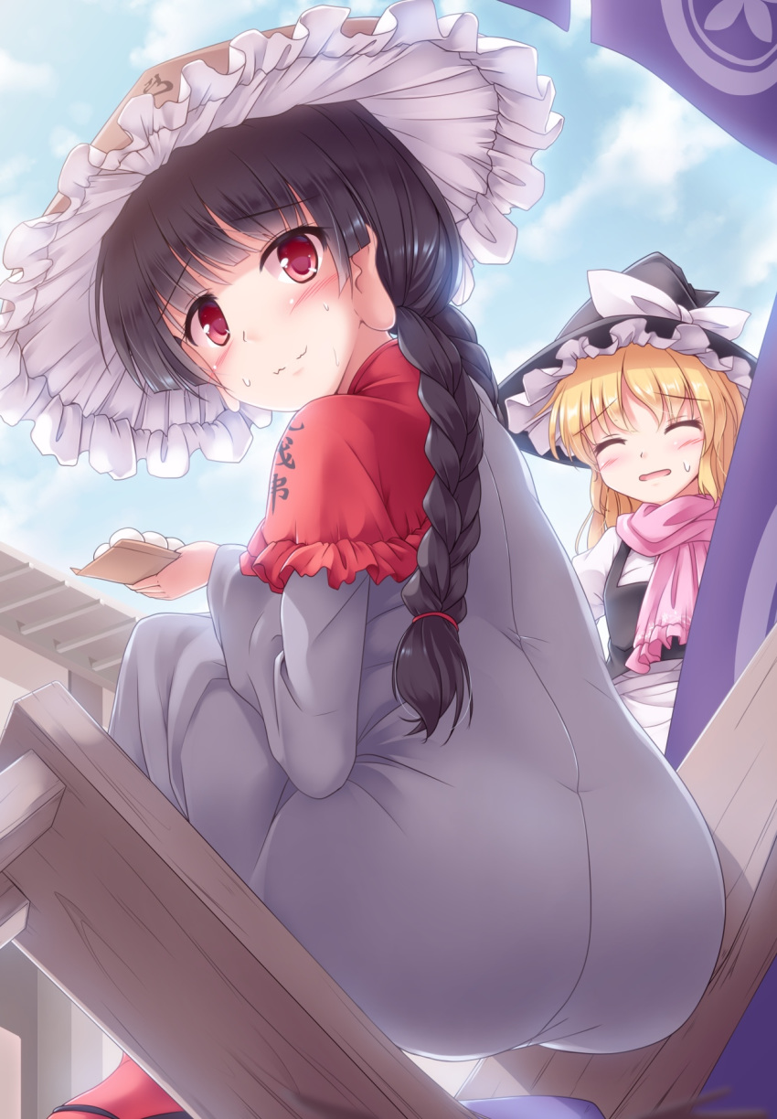 2girls ajirogasa apron ass bangs bench black_footwear black_hair black_vest blonde_hair blue_sky blush braid braided_ponytail broken capelet clothes_writing cloud commentary_request dango day dress earlobes embarrassed eyebrows_visible_through_hair eyes_closed food grey_dress hat high_collar highres holding holding_food kirisame_marisa long_sleeves looking_at_viewer looking_back looking_down lzh multiple_girls outdoors parted_lips pink_scarf red_eyes red_legwear sandals scarf shirt sky standing sweat touhou twin_braids vest wagashi waist_apron wavy_mouth weight_conscious white_shirt witch_hat yatadera_narumi